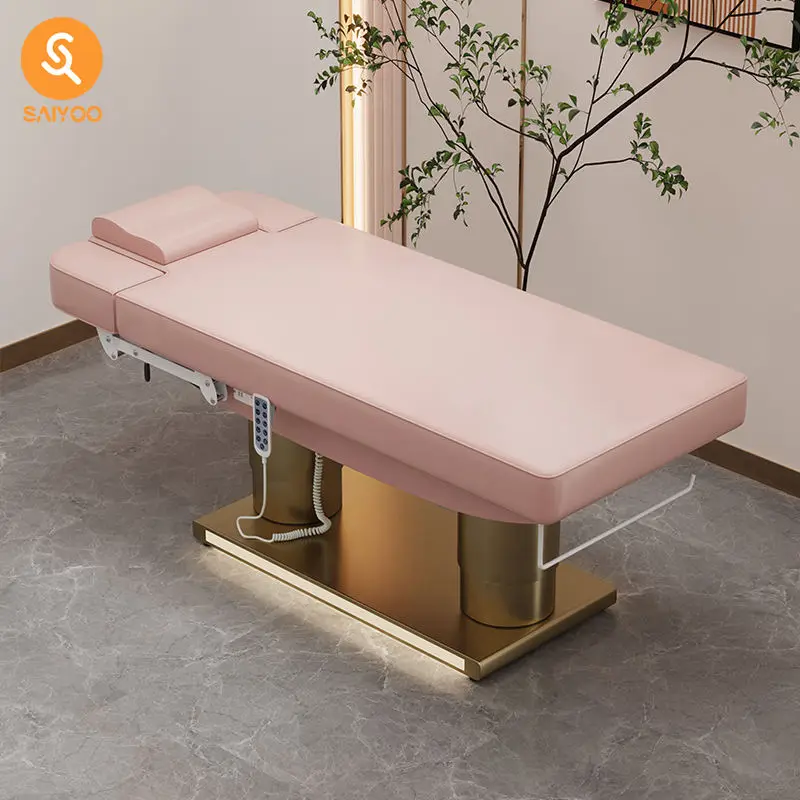 Luxury Pink Folding Electric Massage Facial Table With 4 Motors and Stainless Steel Frame