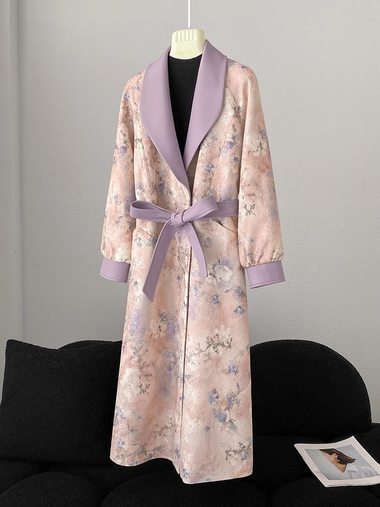 Mittellanger, mit Gürtel besetzter, bedruckter Trenchcoat aus echtem Leder mit Revers, 25, neuer Herbst-Einreiher, lila, eleganter Mantel