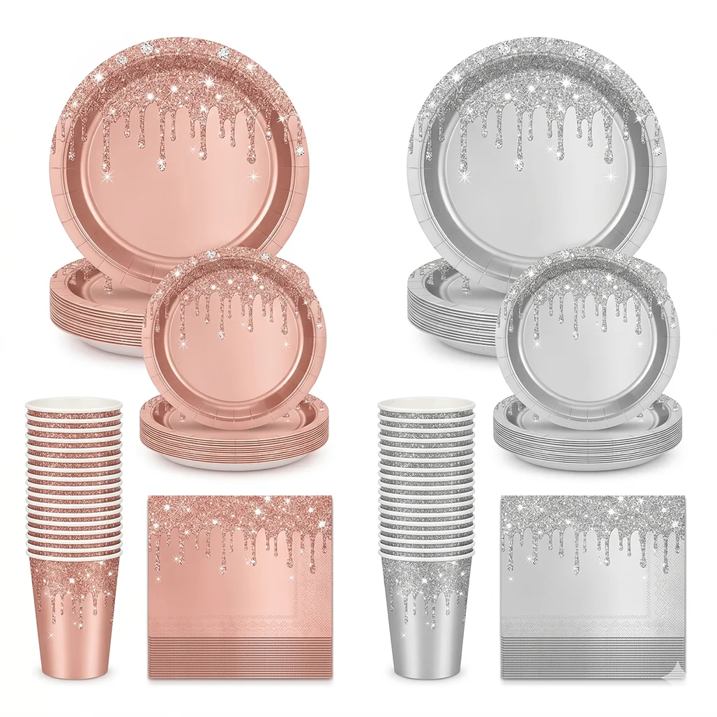 Roségoldenes Glitzer-Papiergeschirr-Set mit Tassen und Servietten, luxuriöses Einweggeschirr für die Dekoration von 1. Geburtstagen und Hochzeiten.