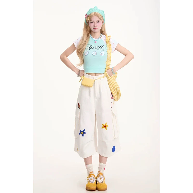 Mode Frauen Bestickte Shorts Marke Weiß Lose Arbeit Shorts Multi Tasche Design Gefaltet Casual Sommer Shorts