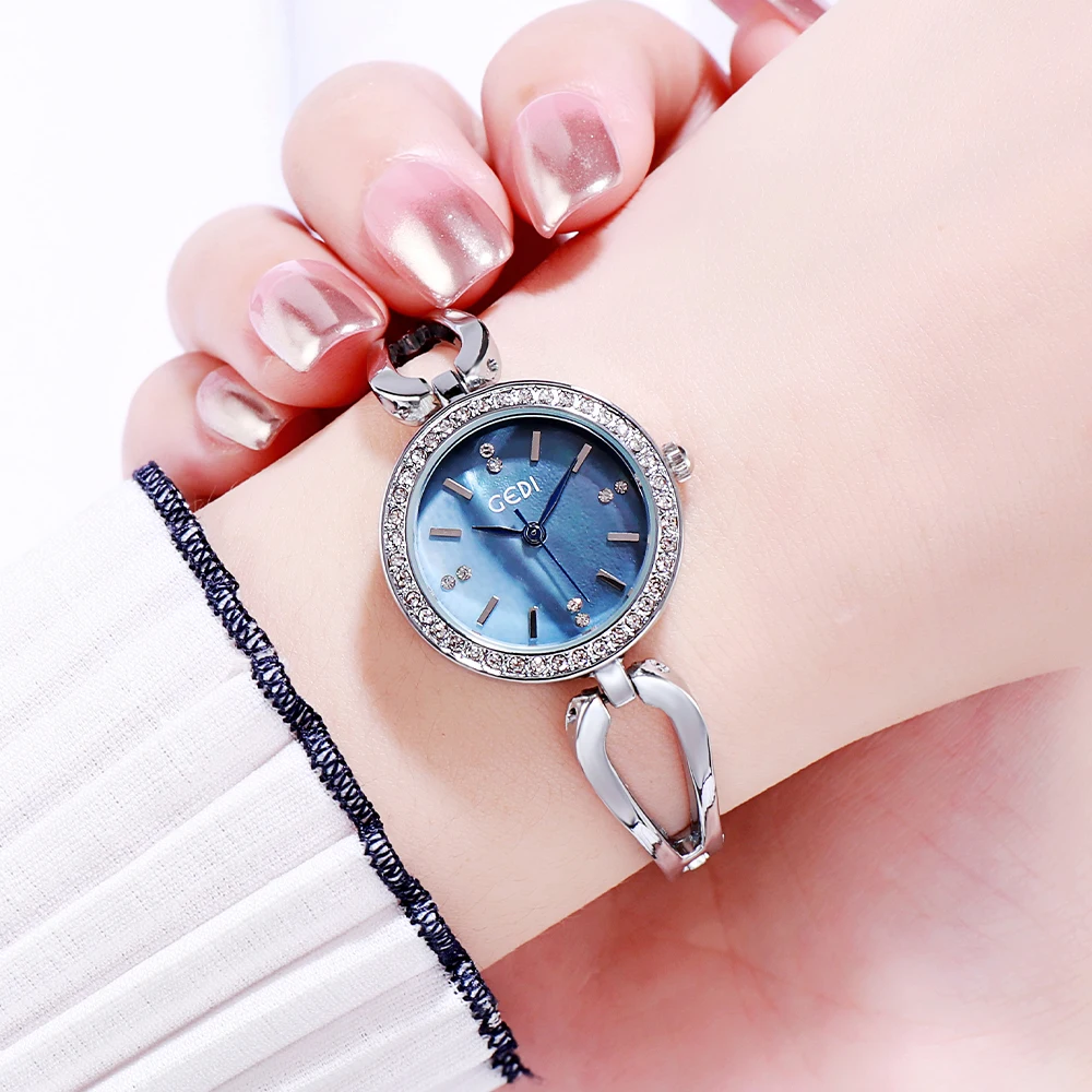 GEDI Elegant Quartz Jewelry Watch for Women Luxury Diamond Bezel Steel Chain Bracelet Minimalist Waterproof Ladies Wrist Watch