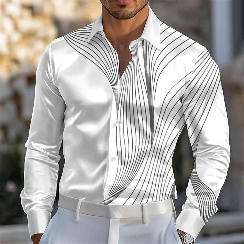 Geometric Gradient Print Men Long-sleeved shirt Fashion Lapel Single-Breasted Loose Top Casual Vacation Style Men's Social Shirt