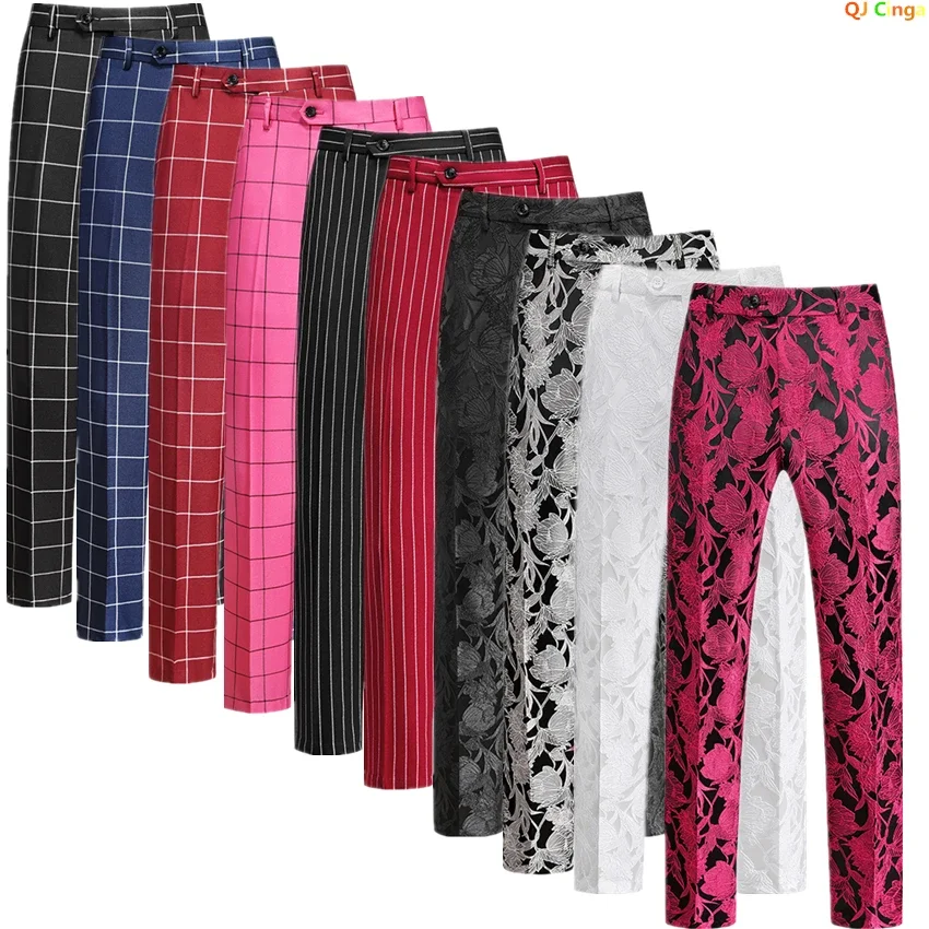 Fashion Slim Men\'s Pants,Wedding Party Dress Trousers, Striped/Checked Pant,White Black Red Silver Blue Pink Available