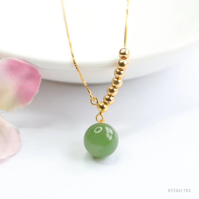 

18K Gold Bead Pendant Natural Hetian Jade Necklace Green Gemstone HT2061703
