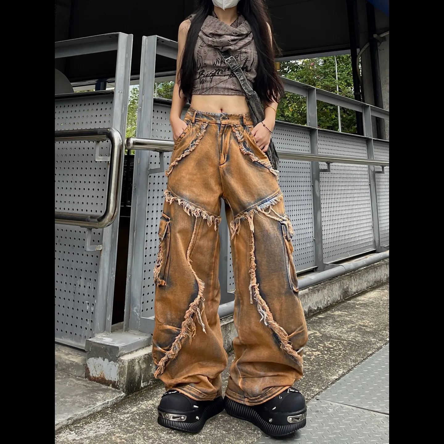 Womens Distressed Washed Jeans Wide Leg Deconstructed Denim Pants with Hems for Hip Hop Dance and Punk Streetwear Looks