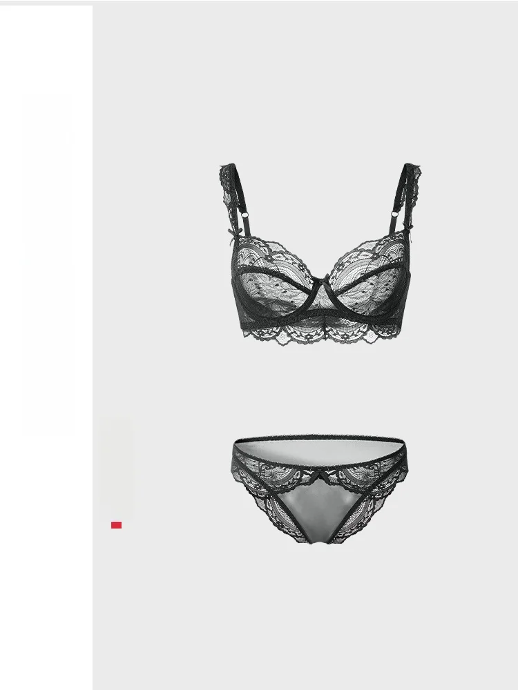 Conjunto de lencería sexy de encaje negro Le De Pinto para mujer, conjunto de sujetador y bragas ultrafinos de cintura baja con aros de acero fijos.