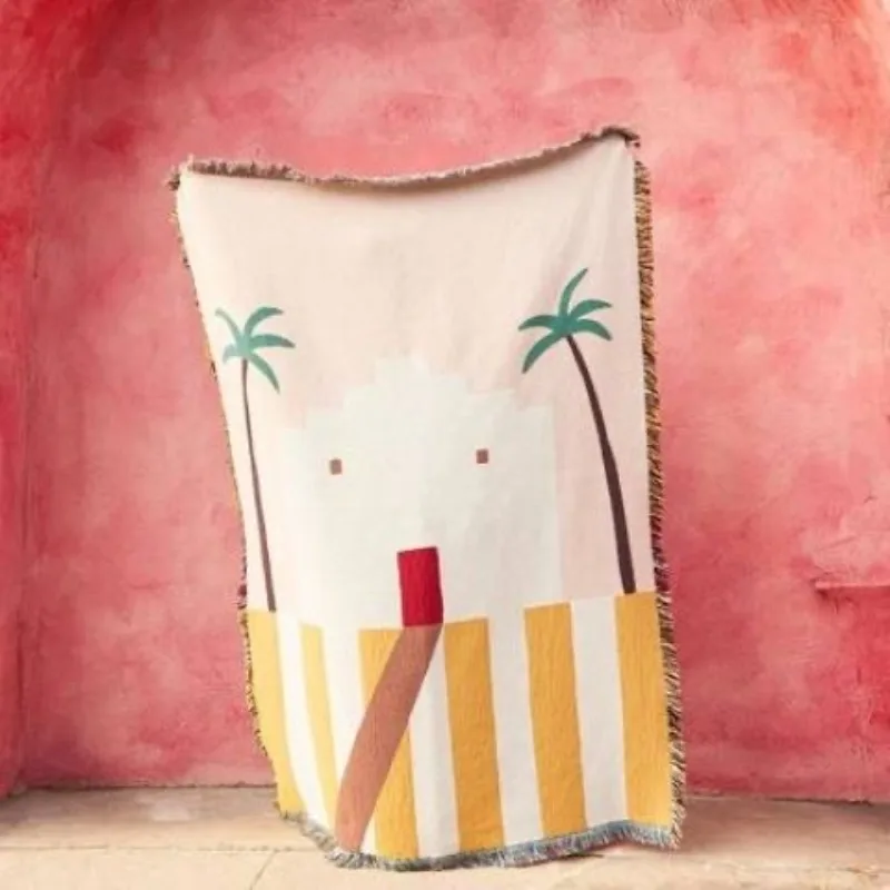 

Pastel Pink Desert Adobe Throw Blanket Mid Century Modern Palm Tree Woven Tapestry with Fringe Boho Minimalist Decorative Throw