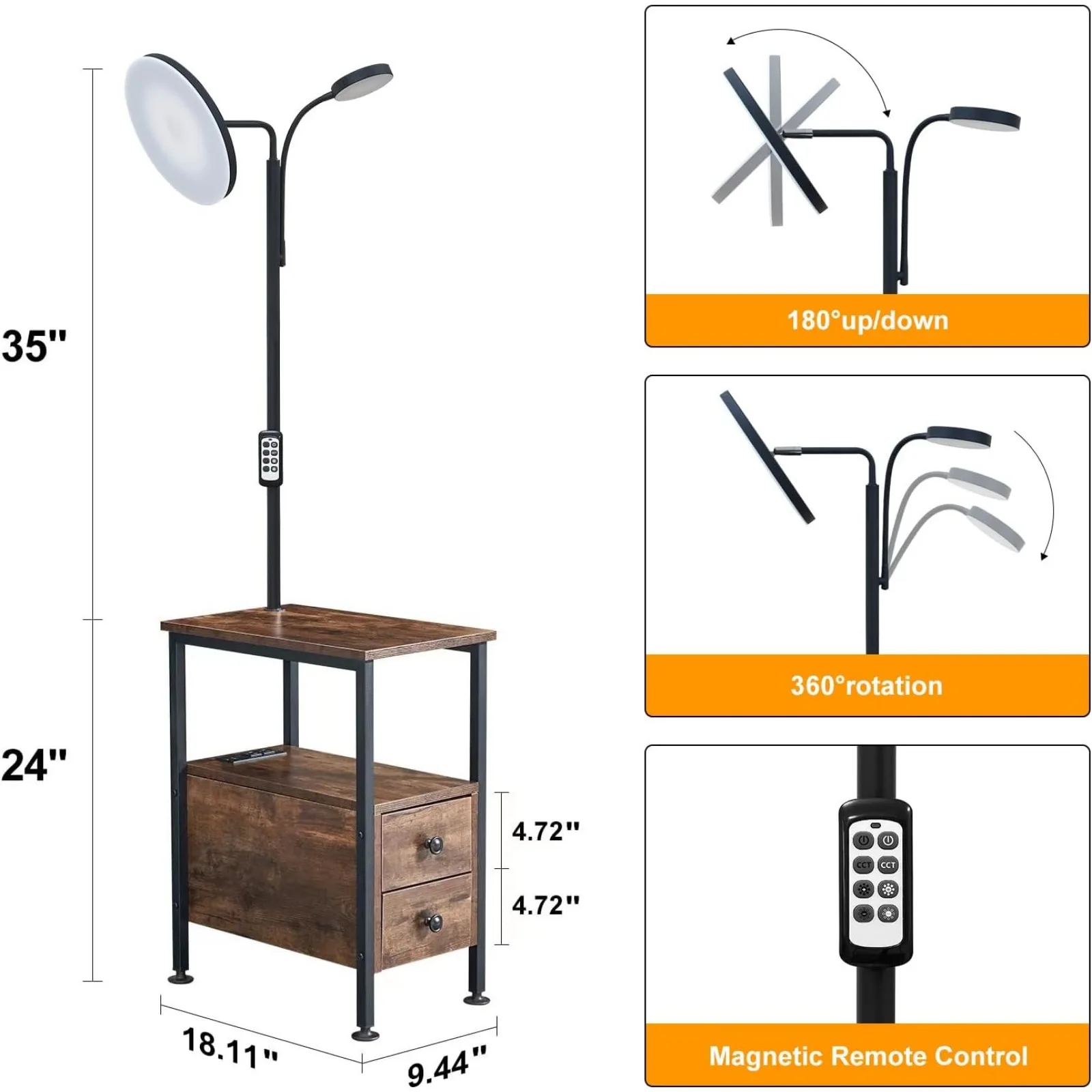 

US 59" Floor Lamp with Table, White Small End Table with Lamp Attached with USB & Type-C Ports and 2 Outlets, Rustic End Table