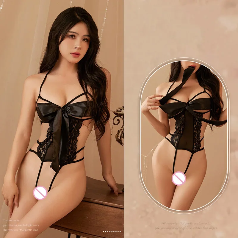 Erotic lingerie Lace bow opening and breast revealing integrated style erotic lingerie woman hot lingerie sexy porn outfit women