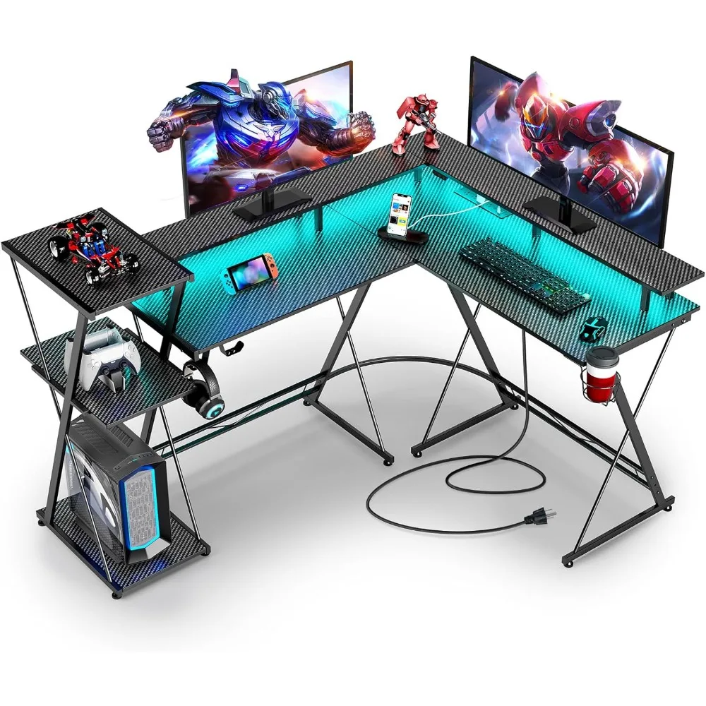 

L Shaped Gaming Desk with LED Lights & Power Outlets, 50” Reversible Computer Desk with Storage Shelf & Monitor Stand