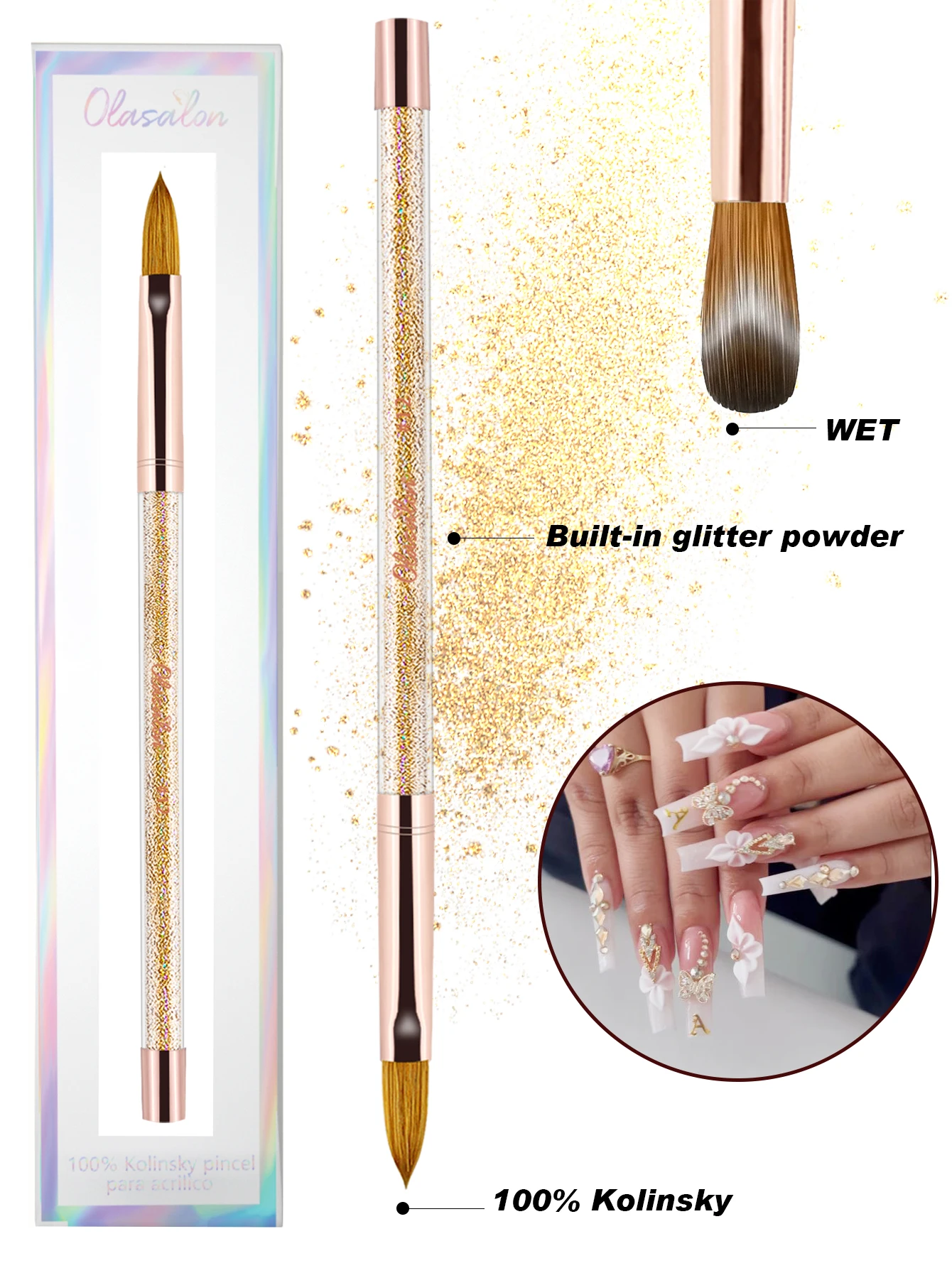 Olasalon 100% 퓨어 콜린스키 헤어 아크릴 네일 브러쉬, 아크릴 파우더 네일 아트, 타원형 컬링 클리어 골든 글리터 파우더 Ne