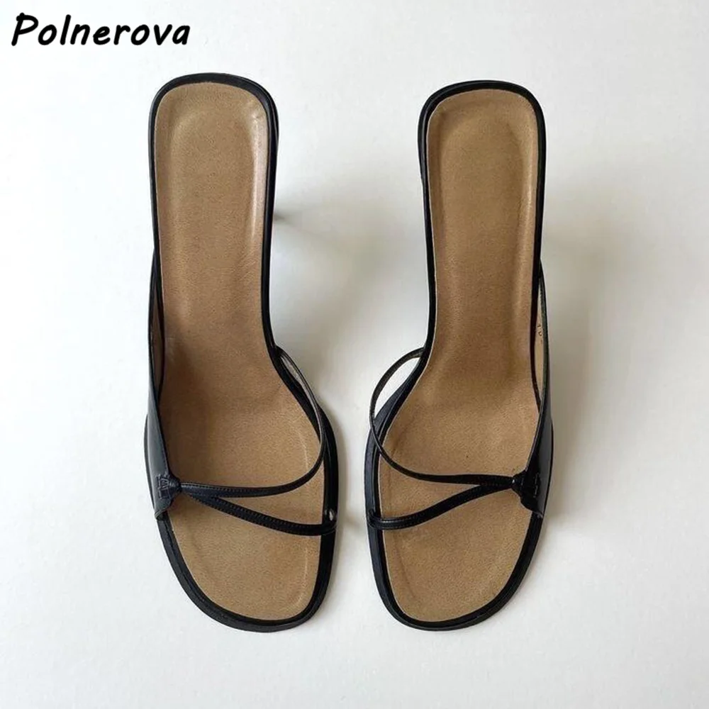 

Черные тонкие тапочки на плоской подошве с квадратным носком и тонким каблуком, кожаные полые туфли без шнуровки, женские модные уличные тапочки 2025