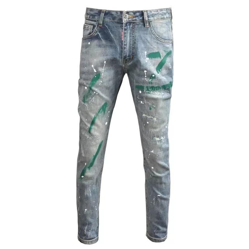 Fashion Streetwear Men Jeans Retro Blue Elastic Slim Fit Ripped Jeans Men Vintage Trousers Painted Designer Hip Hop Pants Hombre