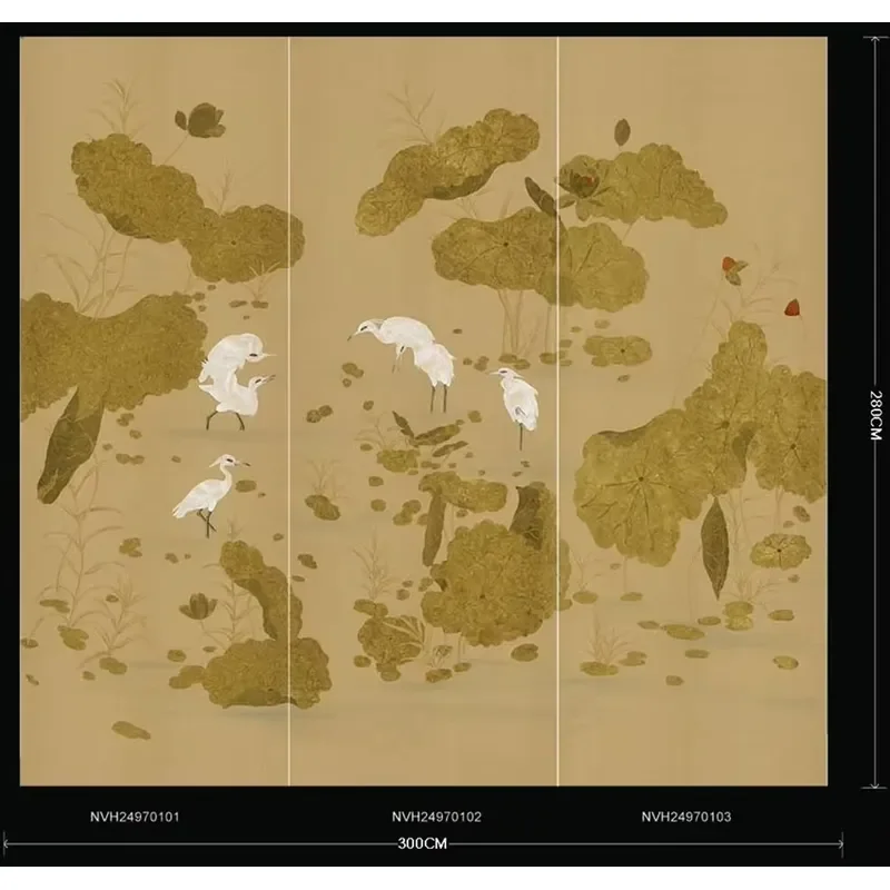 Dynamic Crane & Lotus Gilded Hand Painted Wallpapers