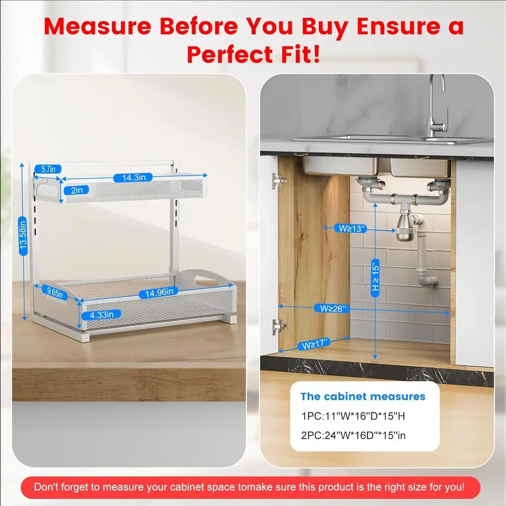 Metal Under Sink Organizer, Pull Out Cabinet Organizer Rack with Silk-Smooth Bottom Drawer, 5-Level Adjustable, Multi-Purpose St