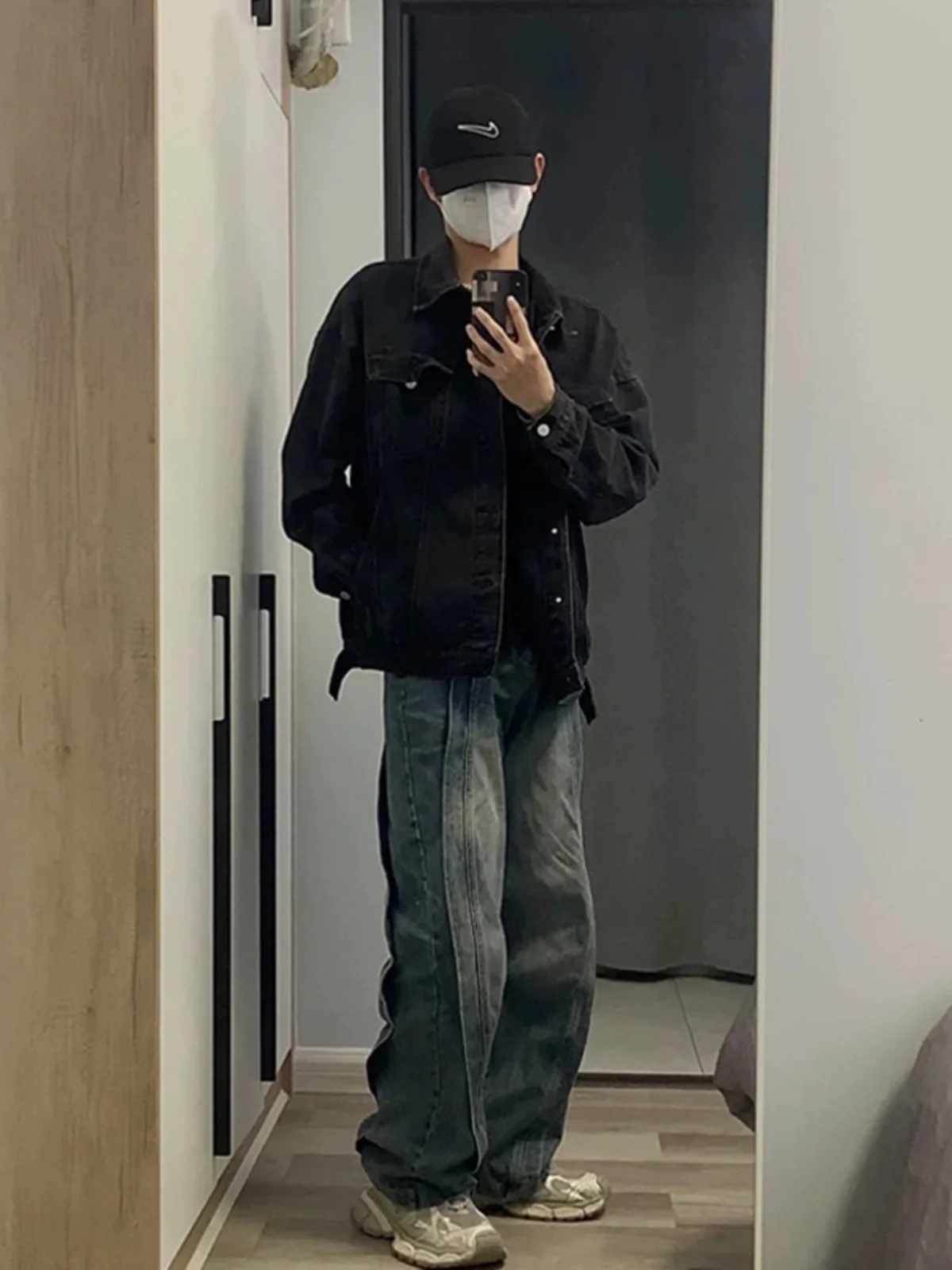 

Deep Blue Men's Straight Leg Jeans Spring Autumn High Street Vibe Patchwork Design Trendy Wide Leg Jeans Casual Cotton Blend