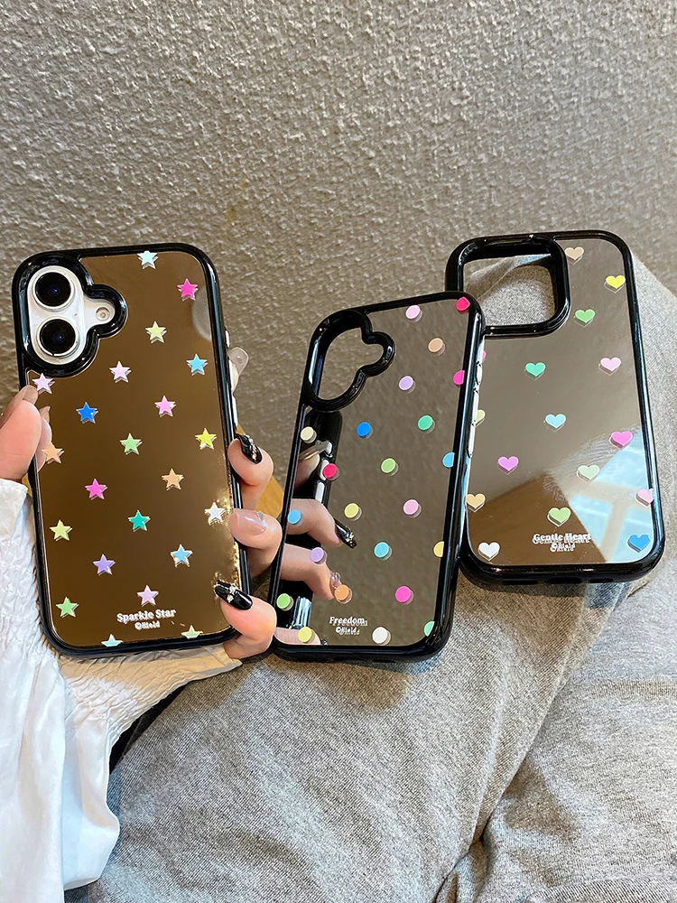 

Luxury Plating Silver Mirror Polka Dots Love Heart Stars Phone Case For iPhone 13 14 15 16 17 Pro Max Shockproof Hard Back Cover
