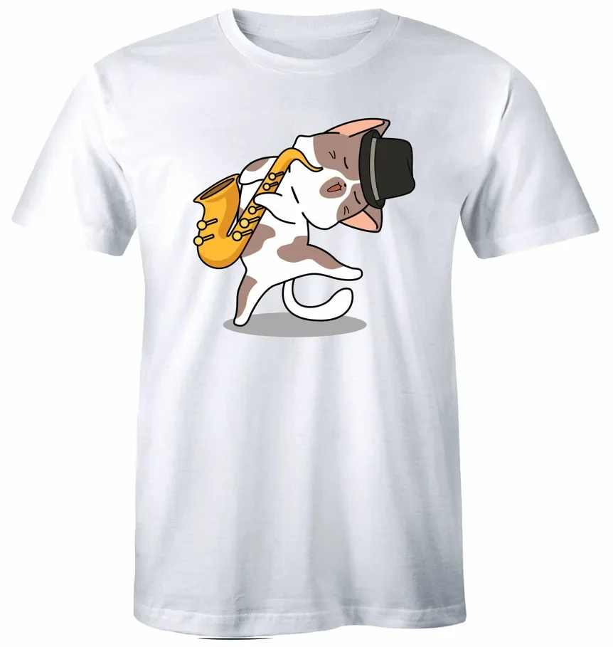 Cat Plays Saxophone Tee Music Sax Players Cat Lovers T-Shirt High Quality 100%Cotton Short Sleeve