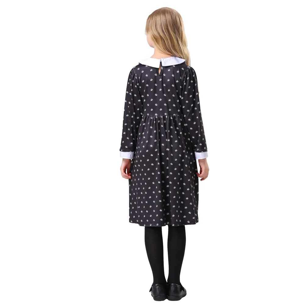 Halloween Long-sleeved Polka Dot Black White Children's Dress Cosplay Lapel Mid-length Dresses Girl Fancy Carnival Party Outfit