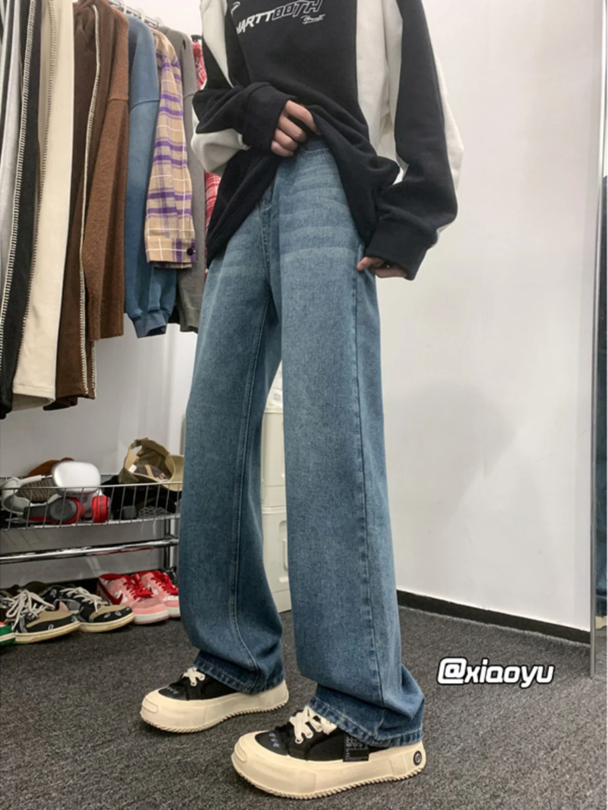 

Мужские джинсы в стиле ретро, прямые, оверсайз, с эффектом потертости, молодежные, модные, износостойкие