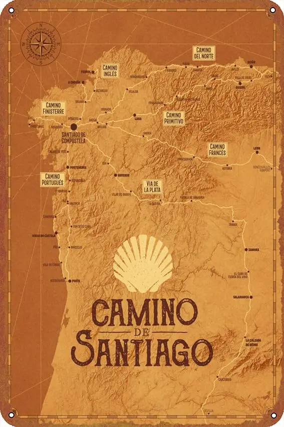 Camino de Santiago Map map Poster Vintage Cute Metal Sign Gift Retro Novelty Cafe Store Garage Tin Signs8x12 Inch