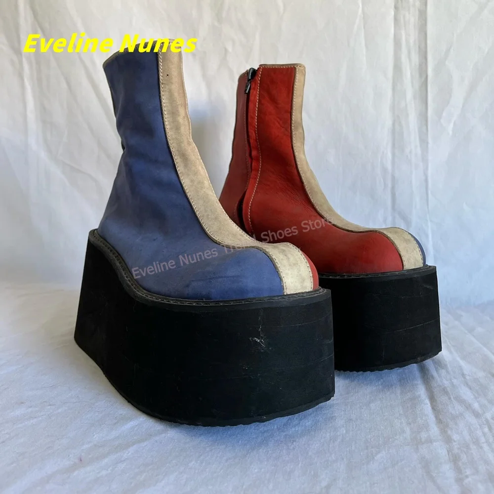 Y2K Red Blue Platform Ankle Boots Round Toe Side Zipper Color Block Gothic Retro Streetwear Fashion Casual Footwear 2026 Trend