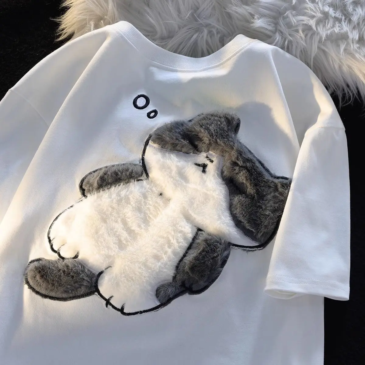 Cute Girly Cat Plush Embroidered Short-sleeved T-shirt Women\'s Summer Preppy Style Versatile Loose Top Fashion tops men tshirts