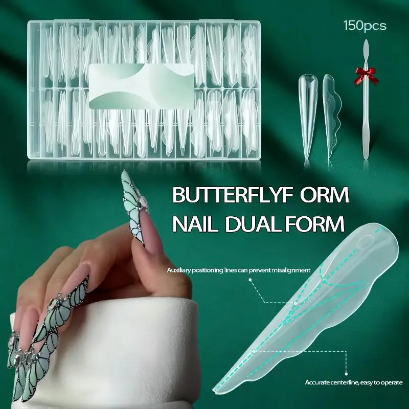 

150pcs Innovative Butterfly Nail Dual Forms Extended Length Reusable Gel Extension Molds Quick Building Mould For Manicure DIY