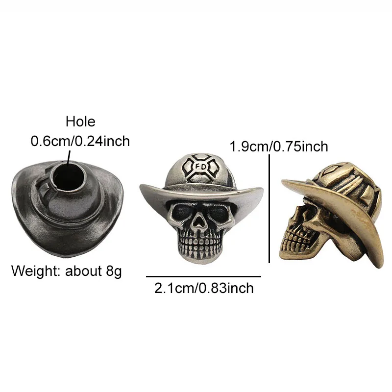 Tête de crâne en laiton, perles de couteau EDC, bricolage, Bracelets tissés paracorde, pendentifs de lanière, accessoires, outils d'extérieur, breloques suspendues ﻿