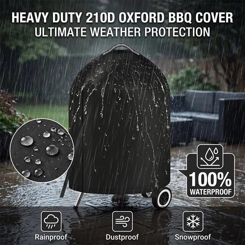 Black Round Outdoor Grill Cover with Top Handle Waterproof Heavy-Duty 210D Protection for Fire Pit Stove BBQ Electric view 2