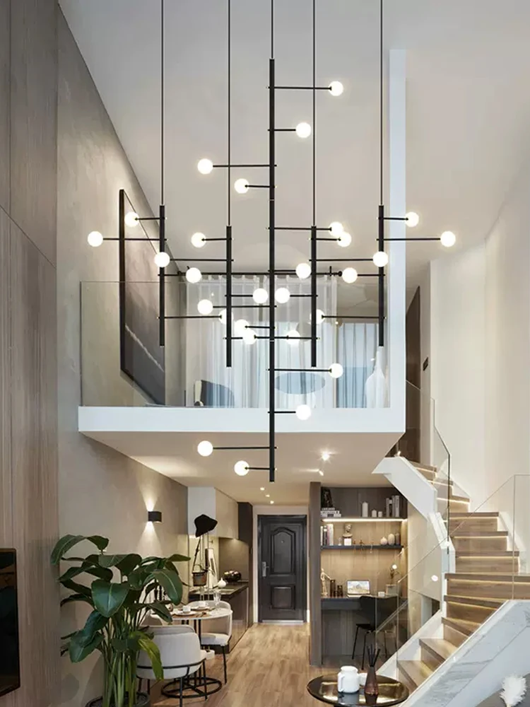 Nordic Duplex Staircase Chandelier Modern And Minimalist Loft Apartment Hotel Lobby Villa Living Room LED Magic Bean Chandelier