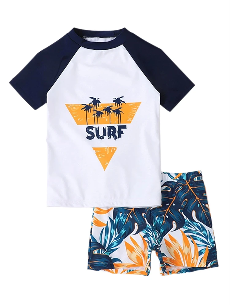 Boy Swimsuit Kids 2024 New Print Short Sleeves Two Piece Children Swimwear Summer Beach Shorts Swimming Suit Bathing Suit's Wear