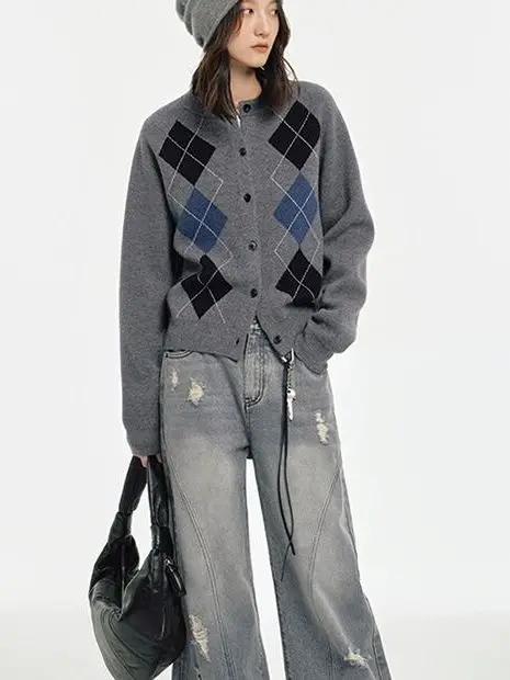 Retro geométrico redondo ne camere camisola de malha feminina outono inverno thiened longo sve aberto cardigan macio solto ajuste