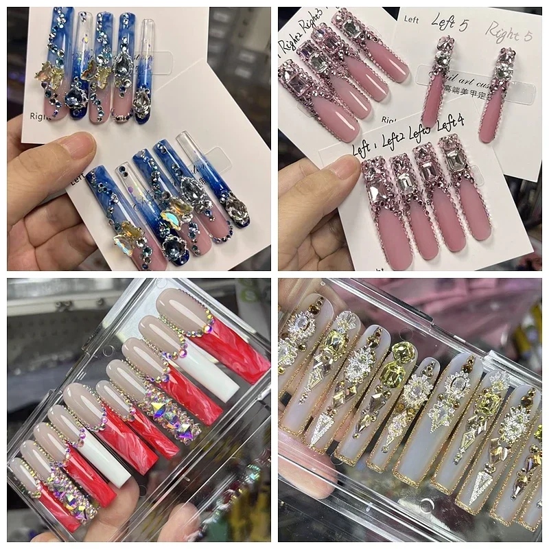 

Handmade 3XL Full Cover False Nail Tips Luxury Glittery Rhinestone Press On Nails Y2K Reusable Extra Long Fake Nail With Glue