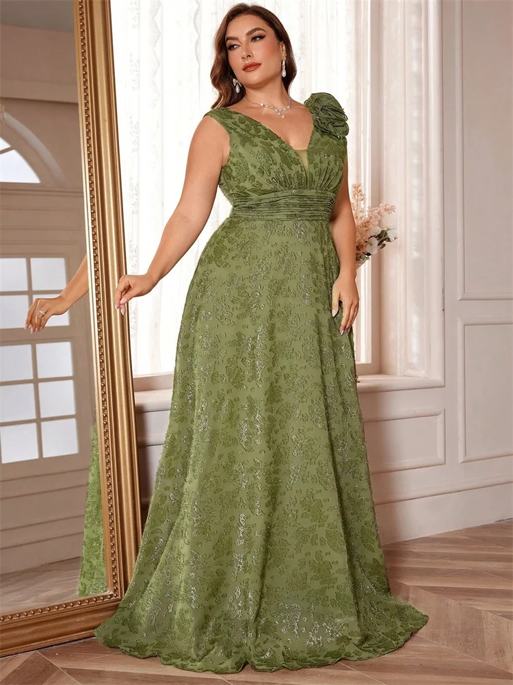 XUIBOL-vestido de noche elegante de talla grande con cuello en V, vestido de noche Floral verde para mujer, vestido largo de lujo sin mangas para fiesta de graduación y cóctel