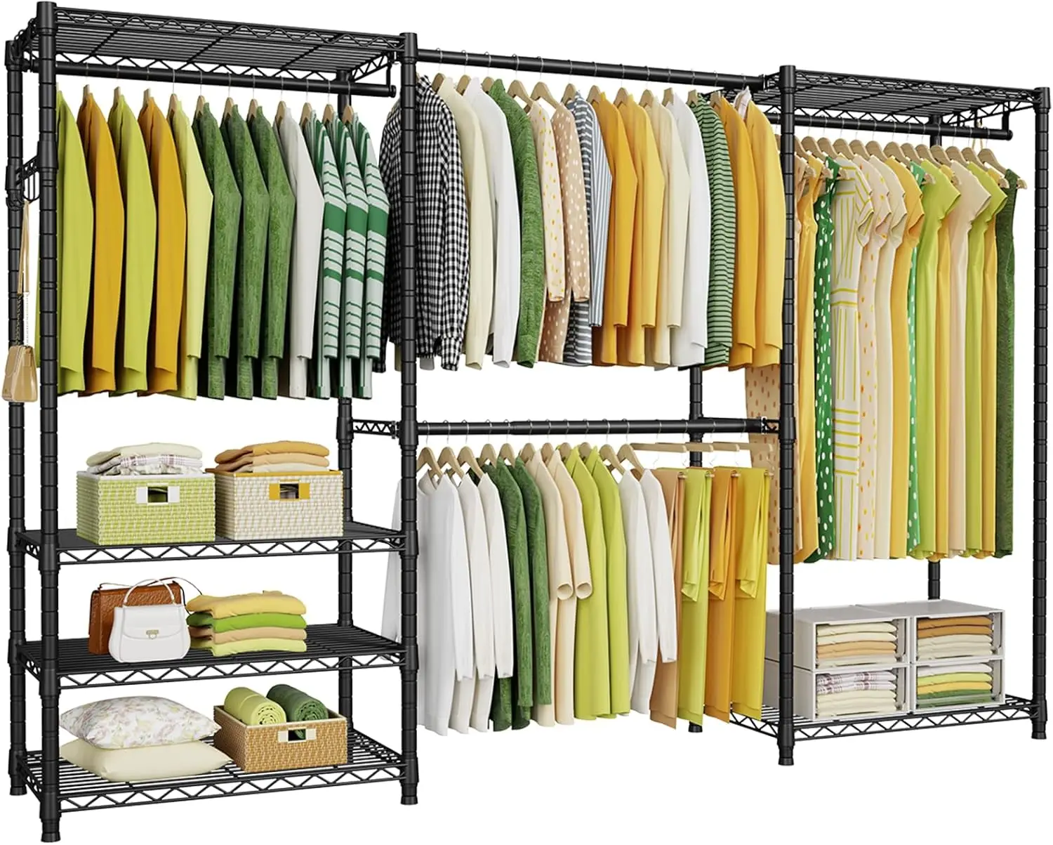 Heavy Duty 6-Tier Adjustable Metal Garment Rack with 4 Hanger Rods, Freestanding Clothing Storage, Easy Assembly, Black