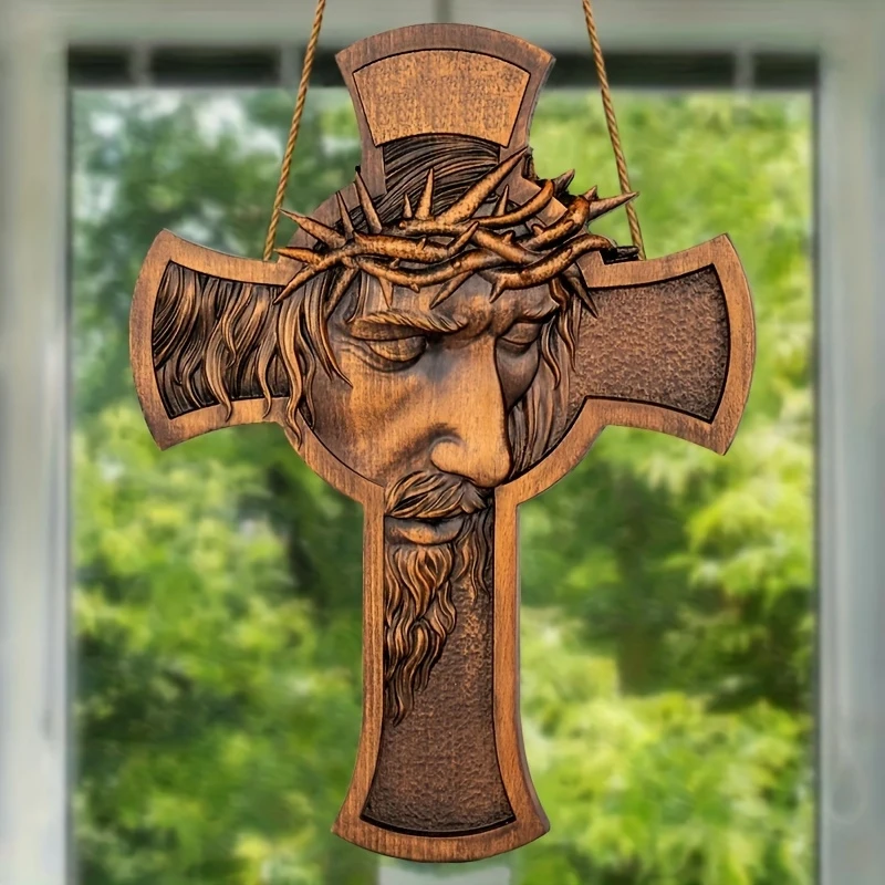 2D Flat Retro Wooden Cross Decoration with Thorn Crown Jesus Christian Statue Wall Hanging for Religious Christmas Room Decor