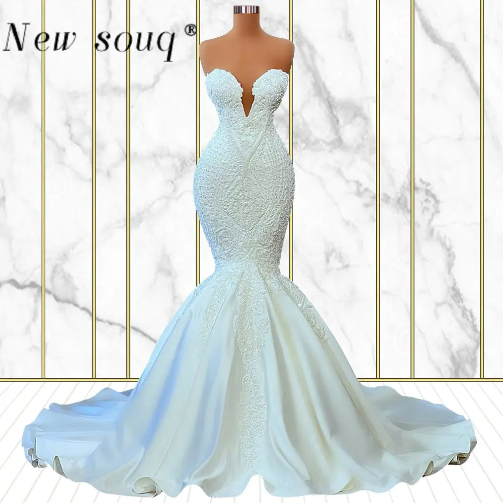 

Luxury Sweetheart Neck Mermaid Wedding Dresses 2022 Elegant Satin Engagement Dress Lace Applique Beaded Bridal Gowns