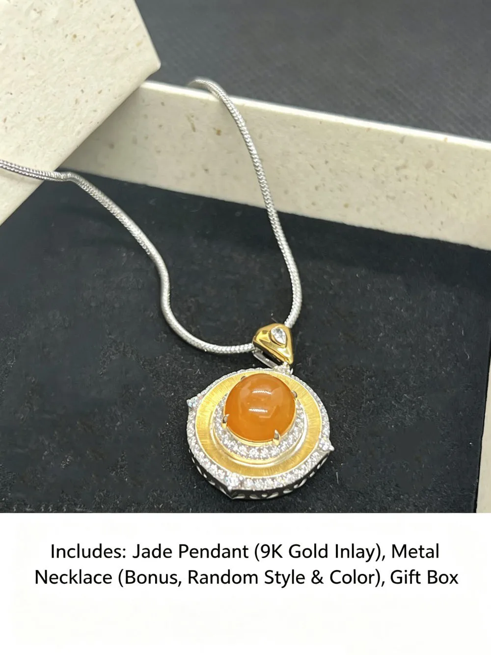 Burma A‑Grade Yellow Natural Jadeite Cabochon Pendant Solid 9K Gold Two‑Tone Zircon Halo Setting Round Fine Necklace for Women
