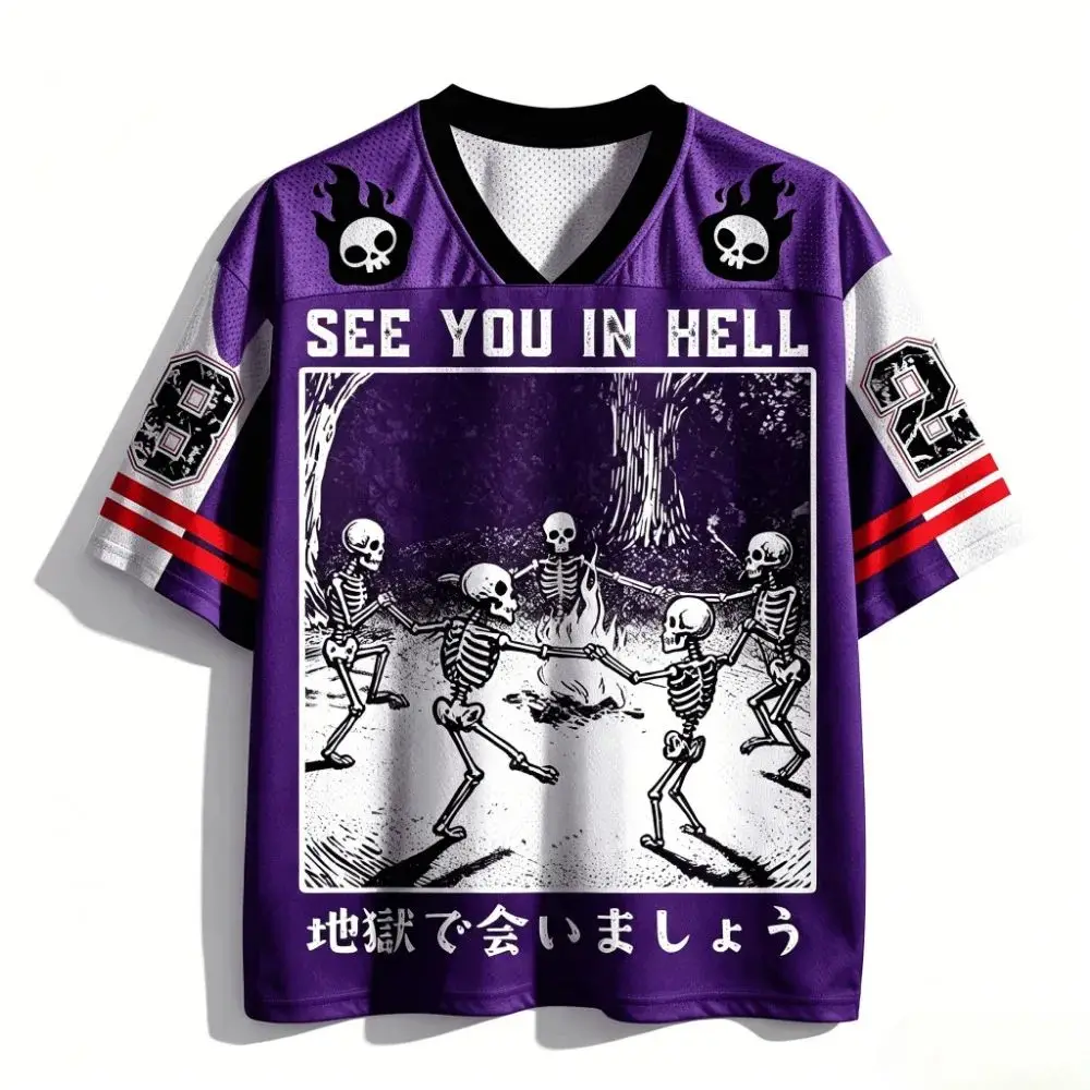 Harajuku Hell Vision Skull 3D Printed Moisture-Wicking Breathable V-Neck T-Shirt for Street Fashion and Casual Wear