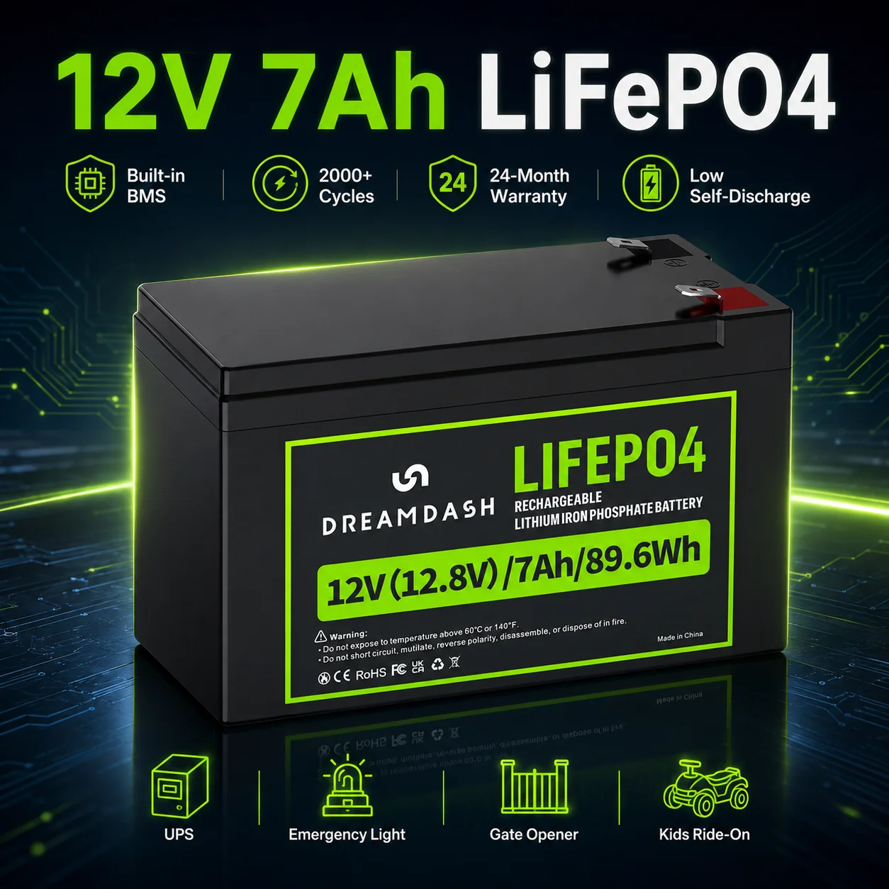 Dreamdash 12V 7Ah LiFePO4 Battery 89.6Wh Rechargeable Lithium Iron Phosphate Battery Built-in BMS F2 Terminal for Kids Ride On Car UPS Solar Gate Opener Emergency Light RV Golf Cart Ship from US UK PL