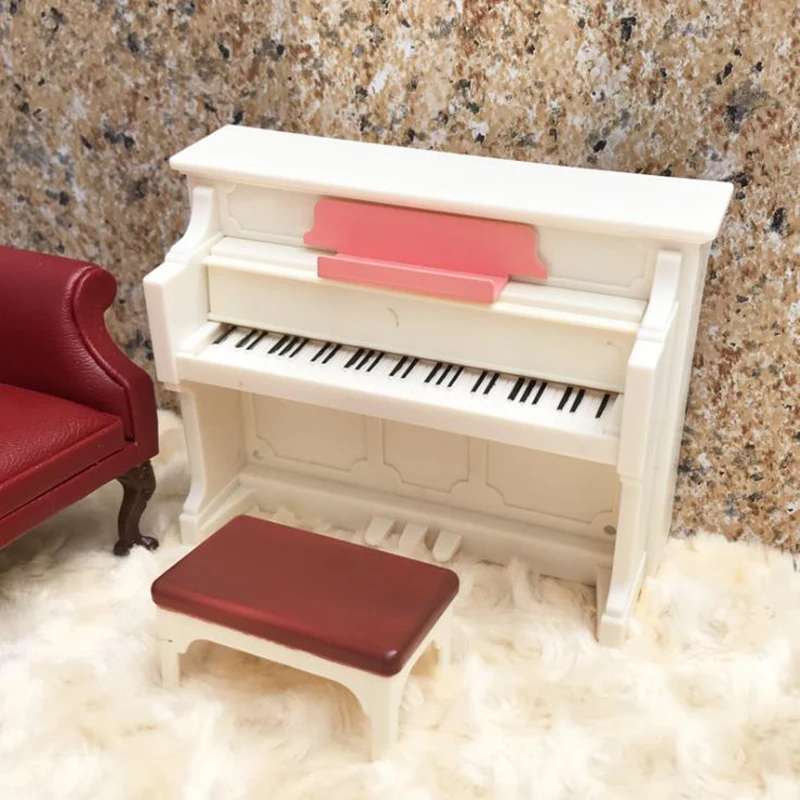 1/12 Dollhouse Mini Piano with Stool Musical Instrument Model for Doll House Accessories Decor Miniature Retro Piano Set