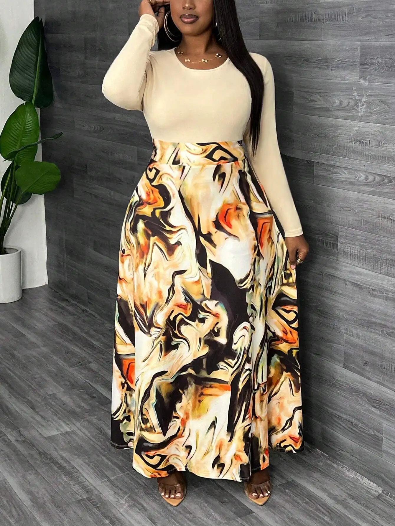 

Plus Size Elegant Casual Round Neck Long Sleeve Printed A-Line Maxi Dress For Autumn Winter