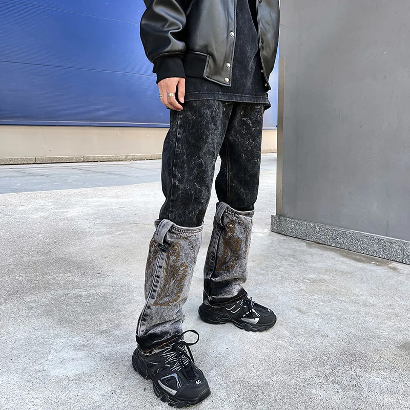 

Мужские джинсы прямого кроя в стиле ретро с эффектом тай-дай, плотные, в стиле High Street, с американским узором «Волна» в стиле Вест-Кост, свободные, с вышивкой...