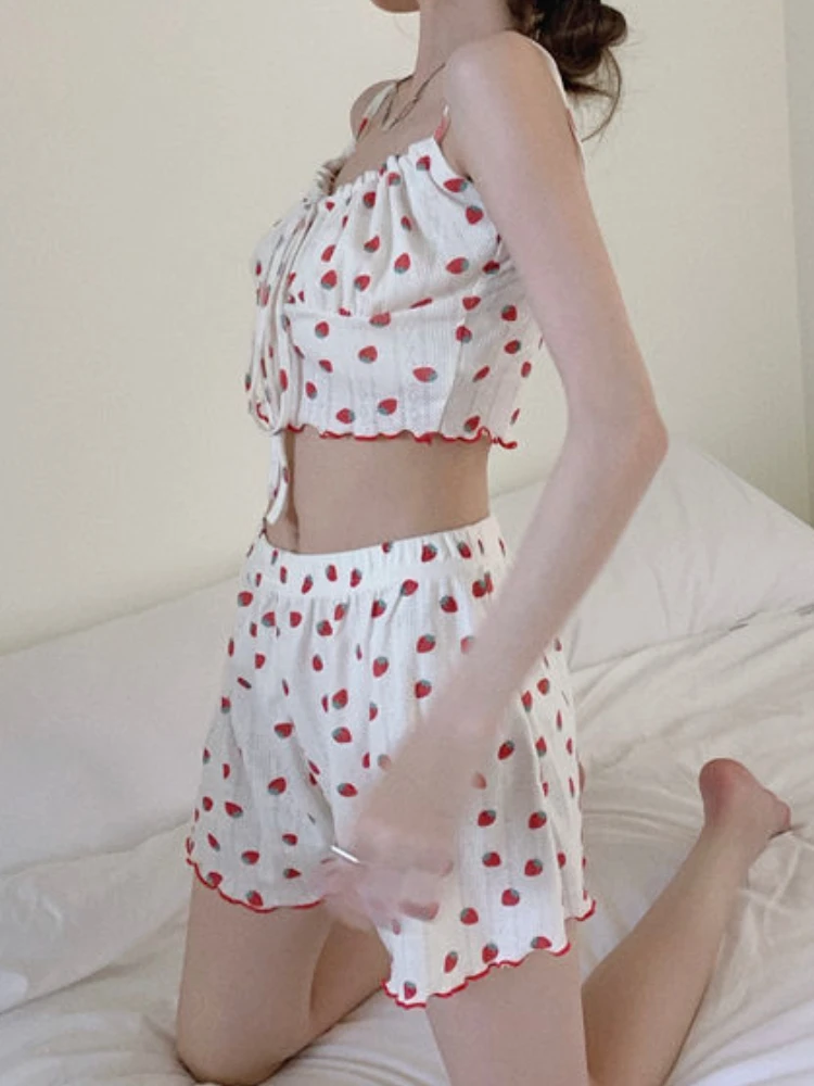 Strawberry Floral Pajama Sets Women Sleepwear Sweet Sexy Sleeveless Vintage Summer Aesthetic Home Y2k Young Tender New Trendy