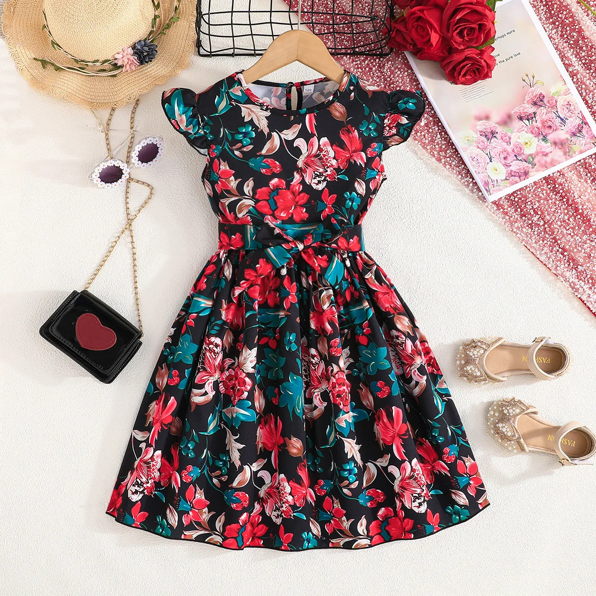 

2024 Summer New Arrival Girls Sleeveless Ruffles Print Floral Black Infantil Menina Cute Party Dress Custume 4-9T