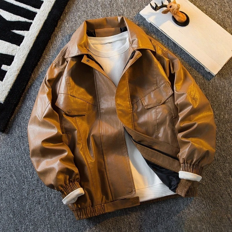 

2025 Spring Autumn Men's Rugged Brown Leather Coat American Retro Biker Jacket Workwear Style​