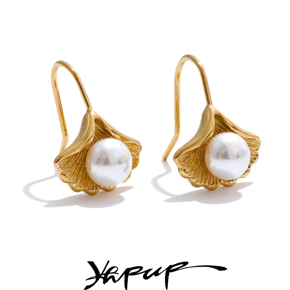 Yhpup 2025 Stainless Steel Simulated Pearls Ginkgo Biloba Earrings Rust Proof Metal Chic Trendy Jewelry Wholesale Gift