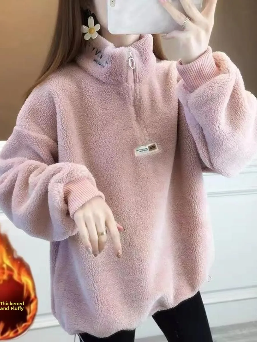 Lamb Fur Sweatirt Zipper Hoodie Women's Anti-Aging Sle Versatile Simple Design Faionable Casual Wear for All Ages