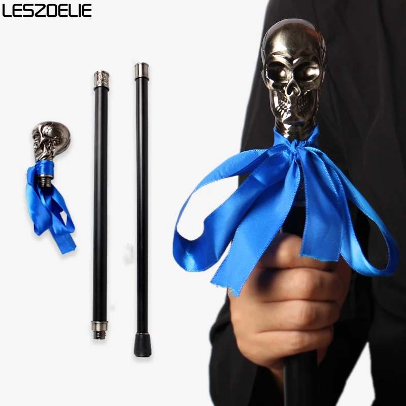 

Трость в стиле стимпанк с головой черепа и королевской синей лентой, модная декоративная женская и мужская палка для косплея на Хэллоуин